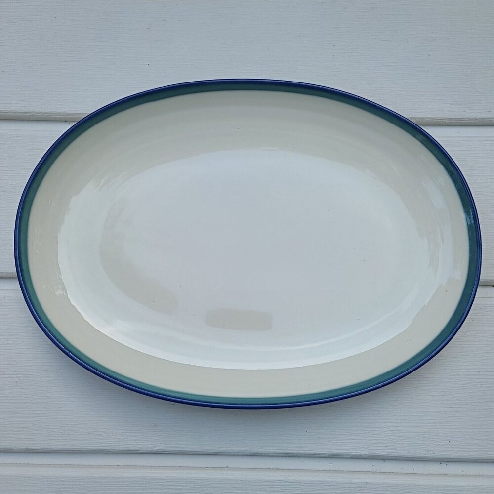 Pfaltzgraff Northwinds 12" Oval Platter White Stoneware With Blue & Green Bands